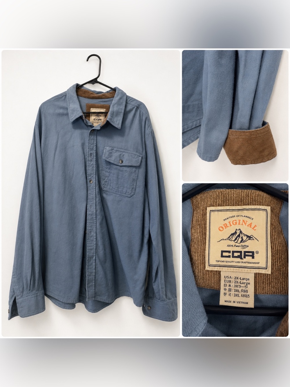 CQR Men’s 2XL Blue Cotton Shirt with Corduroy Trim